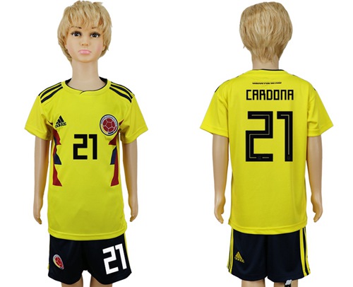 Colombia #21 Cardona Home Kid Soccer Country Jersey